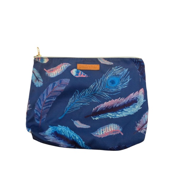 Pura Vida Handbags - Pura Vida Navy Blue Peacock‎ Feather Print Canvas Pouch Makeup Bag Zippered Case